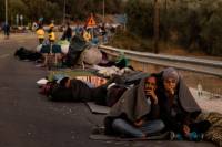 Lesbos, the Greek island, migrants sleep on roadsides